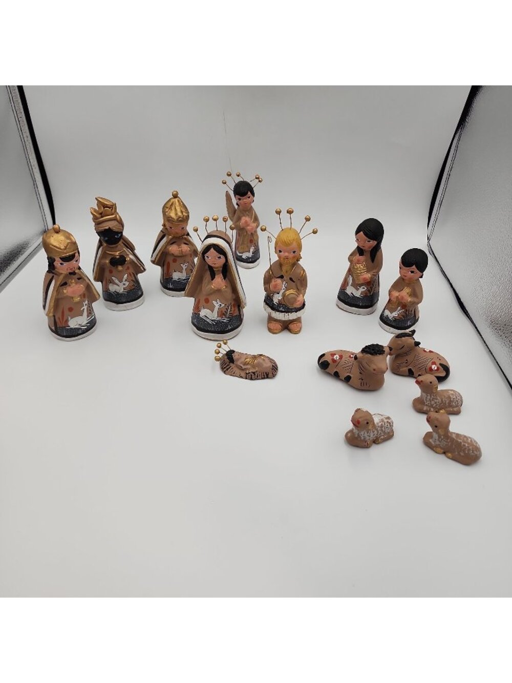 NATIVITY set Miniature Mexican Pottery Of 14 Hand Painted Gold/ Chocolate Brown